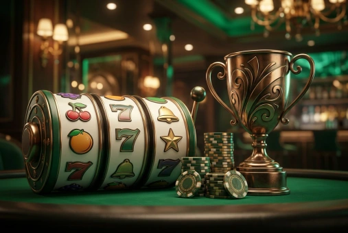Carretes con frutas y sietes junto a un trofeo y fichas de casino